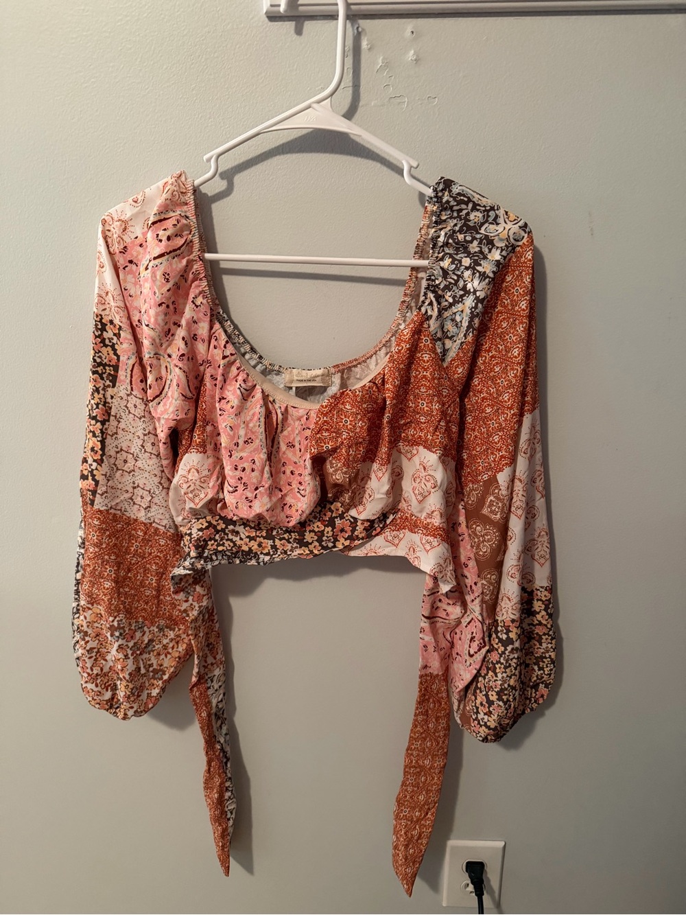 Altar'd State Pink & Rust Patchwork Tie-Front Crop Top